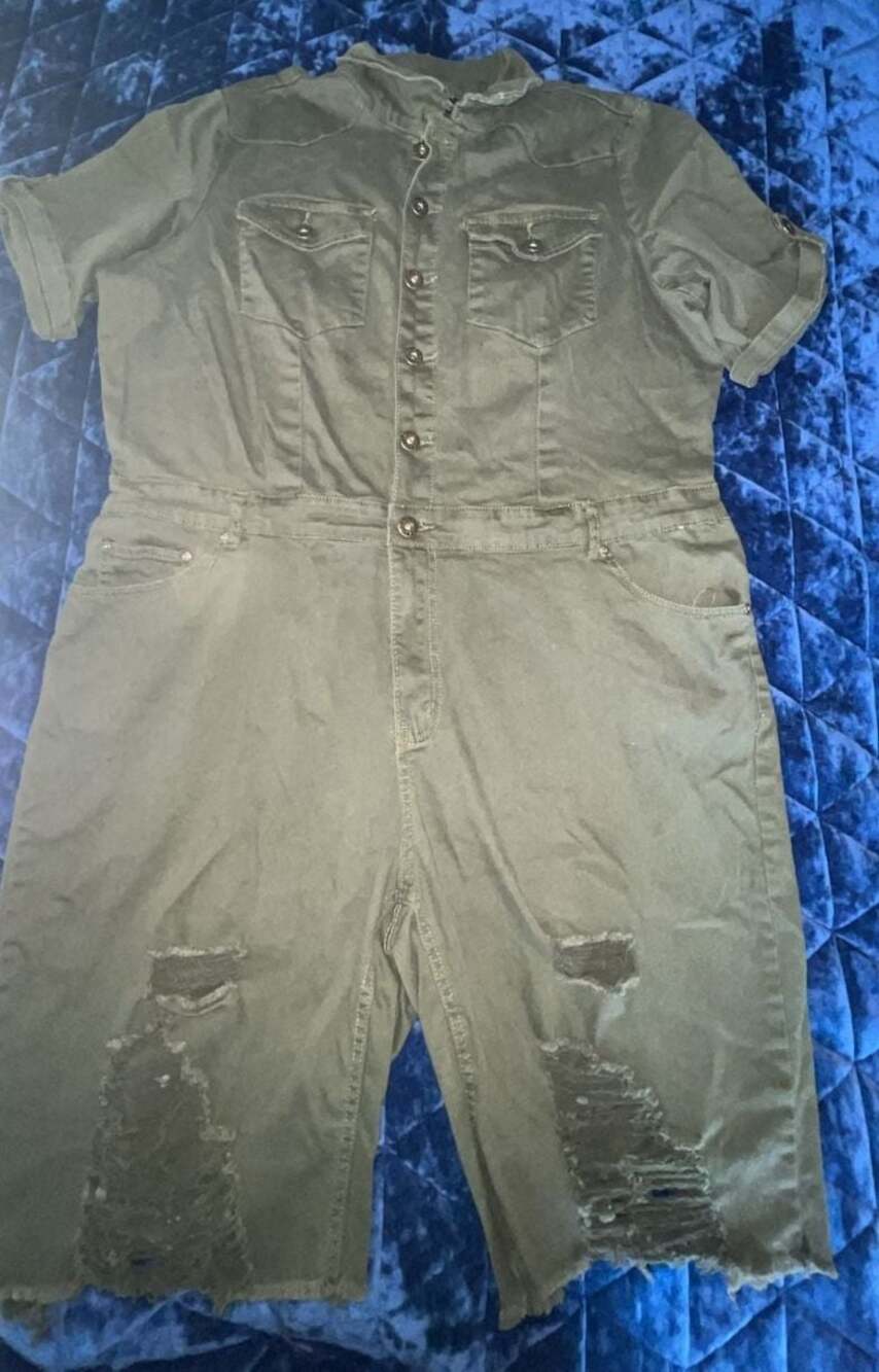 Ashley Stewart Olive Green Distressed Utility Boiler Jumpsuit